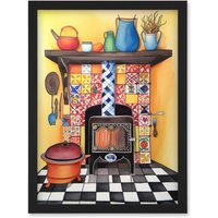 Artery8 Kitchen Hearth Fireplace With Multicoloured Tiles Folk Art Watercolour Painting Artwork Framed Wall Art Print A4 in Black