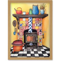 Artery8 Kitchen Hearth Fireplace With Multicoloured Tiles Folk Art Watercolour Painting Artwork Framed Wall Art Print A4 in Light Oak