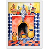 Artery8 Kitchen Hearth Fireplace With Coloured Tiles Folk Art Watercolour Painting Artwork Framed Wall Art Print A4 in White