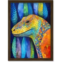 Artery8 Komodo Dragon Vibrant Folk Art Watercolour Painting Artwork Framed Wall Art Print A4 in Brown