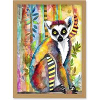 Artery8 Lemur Vibrant Portrait Folk Art Watercolour Painting Artwork Framed Wall Art Print A4 in Light Oak