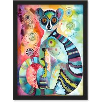 Artery8 Striped Ring-Tailed Lemur Multicoloured Folk Art Watercolour Painting Artwork Framed Wall Art Print A4 in Black