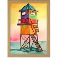 Artery8 Rainbow Lifeguard Tower Folk Art Watercolour Painting Artwork Framed Wall Art Print A4 in Light Oak