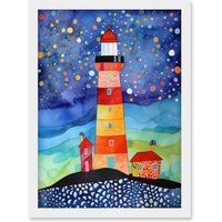 Artery8 Lighthouse On Starry Night Folk Art Watercolour Painting Artwork Framed Wall Art Print A4 in White