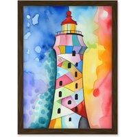 Artery8 Lighthouse Concept With Rainbow Colour Sky Folk Art Watercolour Painting Artwork Framed Wall Art Print A4 in Brown