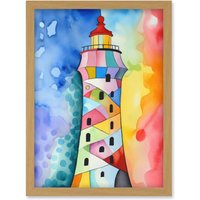 Artery8 Lighthouse Concept With Rainbow Colour Sky Folk Art Watercolour Painting Artwork Framed Wall Art Print A4 in Light Oak