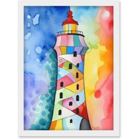 Artery8 Lighthouse Concept With Rainbow Colour Sky Folk Art Watercolour Painting Artwork Framed Wall Art Print A4 in White