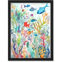 Artery8 Aquatic Scene Marine Life Folk Art Watercolour Painting Artwork Framed Wall Art Print A4 in Black