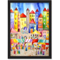 Artery8 Market Square Scene Folk Art Watercolour Painting Artwork Framed Wall Art Print A4 in Black