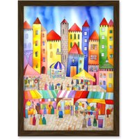 Artery8 Market Square Scene Folk Art Watercolour Painting Artwork Framed Wall Art Print A4 in Brown