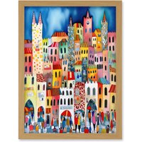 Artery8 Busy Street Vertical Cityscape Folk Art Watercolour Painting Artwork Framed Wall Art Print A4 in Light Oak