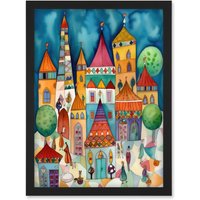 Artery8 Town Market Square Afternoon Shoppers Folk Art Watercolour Painting Artwork Framed Wall Art Print A4 in Black