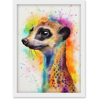 Artery8 Meerkat Multicoloured Portrait Watercolour Painting Artwork Framed Wall Art Print A4 in White