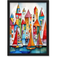 Artery8 Modern Marina Colourful Port Folk Art Watercolour Painting Artwork Framed Wall Art Print A4 in Black