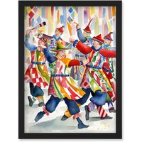 Artery8 Morris Dancers Dancing Folk Art Watercolour Painting Artwork Framed Wall Art Print A4 in Black