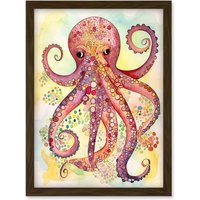 Artery8 Octopus Portrait Bright Folk Art Watercolour Painting Artwork Framed Wall Art Print A4 in Brown