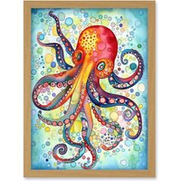 Artery8 Octopus Swimming In Air Bubbles Folk Art Watercolour Painting Artwork Framed Wall Art Print A4 in Light Oak