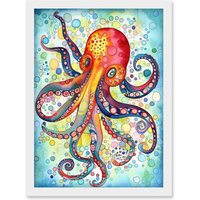 Artery8 Octopus Swimming In Air Bubbles Folk Art Watercolour Painting Artwork Framed Wall Art Print A4 in White