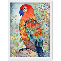 Artery8 Parrot Bird Portrait Folk Art Watercolour Painting Artwork Framed Wall Art Print A4 in White