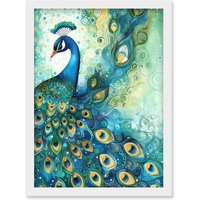 Artery8 Peacock Bird Concept Folk Art Watercolour Painting Artwork Framed Wall Art Print A4 in White