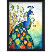 Artery8 Peacock Bird Folk Art Watercolour Painting Artwork Framed Wall Art Print A4 in Black