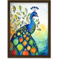 Artery8 Peacock Bird Folk Art Watercolour Painting Artwork Framed Wall Art Print A4 in Brown