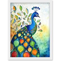 Artery8 Peacock Bird Folk Art Watercolour Painting Artwork Framed Wall Art Print A4 in White