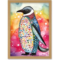 Artery8 Cute Multicoloured Spot Penguin Folk Art Artwork Framed Wall Art Print A4 in Light Oak