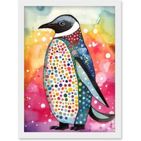 Artery8 Cute Multicoloured Spot Penguin Folk Art Artwork Framed Wall Art Print A4 in White