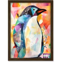 Artery8 Polygon Colour Penguin Folk Art Artwork Framed Wall Art Print A4 in Brown