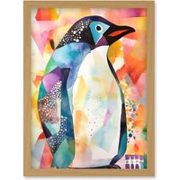 Artery8 Polygon Colour Penguin Folk Art Artwork Framed Wall Art Print A4 in Light Oak