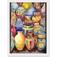 Artery8 Glazed Ceramic Pot Vases Folk Art Artwork Framed Wall Art Print A4 in White