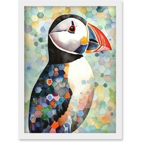Artery8 Puffin Bird Portrait Pastel Colour Folk Art Artwork Framed Wall Art Print A4 in White