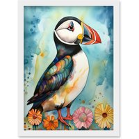 Artery8 Puffin Bird With Flowers Folk Art Artwork Framed Wall Art Print A4 in White