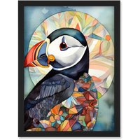 Artery8 Puffin Bird Portrait Folk Art Artwork Framed Wall Art Print A4 in Black