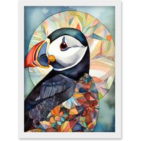 Artery8 Puffin Bird Portrait Folk Art Artwork Framed Wall Art Print A4 in White