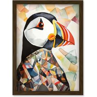 Artery8 Puffin Bird Abstract Portrait Folk Art Artwork Framed Wall Art Print A4 in Brown
