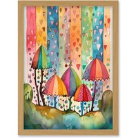 Artery8 Candy Land Rain Rainbow Folk Art Artwork Framed Wall Art Print A4 in Light Oak