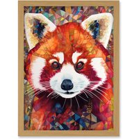 Artery8 Red Panda Portrait Multicoloured Folk Art Artwork Framed Wall Art Print A4 in Light Oak