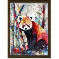 Artery8 Red Panda In Bamboo Forest Folk Art Artwork Framed Wall Art Print A4 in Brown