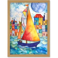 Artery8 Sailboat By Harbour Folk Art Artwork Framed Wall Art Print A4 in Light Oak