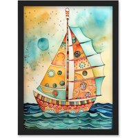 Artery8 Sailboat Concept With Dorsal Fin Sail Folk Art Artwork Framed Wall Art Print A4 in Black