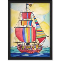 Artery8 Rainbow Colour Sailing Ship Folk Art Artwork Framed Wall Art Print A4 in Black