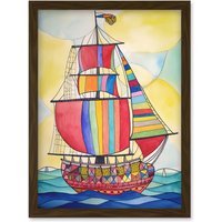 Artery8 Rainbow Colour Sailing Ship Folk Art Artwork Framed Wall Art Print A4 in Brown