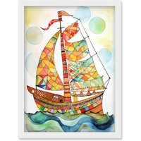 Artery8 Sailing Ship At Sunrise Folk Art Artwork Framed Wall Art Print A4 in White