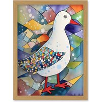 Artery8 Seagull Bird & Snowflakes Folk Art Artwork Framed Wall Art Print A4 in Light Oak