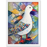Artery8 Seagull Bird & Snowflakes Folk Art Artwork Framed Wall Art Print A4 in White