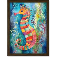 Artery8 Seahorse In Aquatic Plants Folk Art Artwork Framed Wall Art Print A4 in Brown