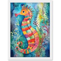 Artery8 Seahorse In Aquatic Plants Folk Art Artwork Framed Wall Art Print A4 in White