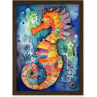 Artery8 Vibrant Colour Pattern Seahorse Folk Art Artwork Framed Wall Art Print A4 in Brown